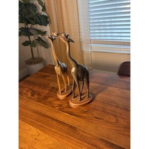 Pair Of Vintage Hand Carved 9" Solid Wooden Giraffe Figure On Base